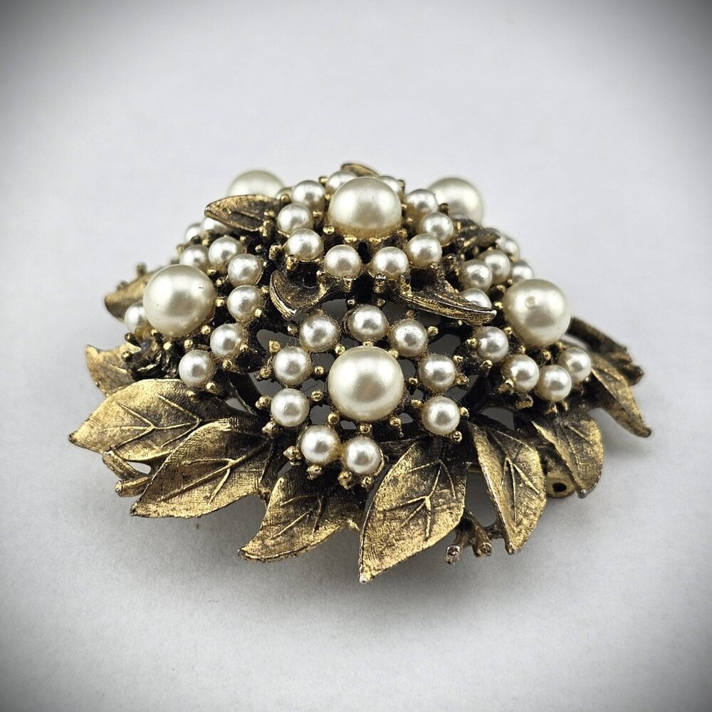 Vintage 3D Dimensional Faux Pearl Flower 2" Brooch Pin Antiqued Gold Tone